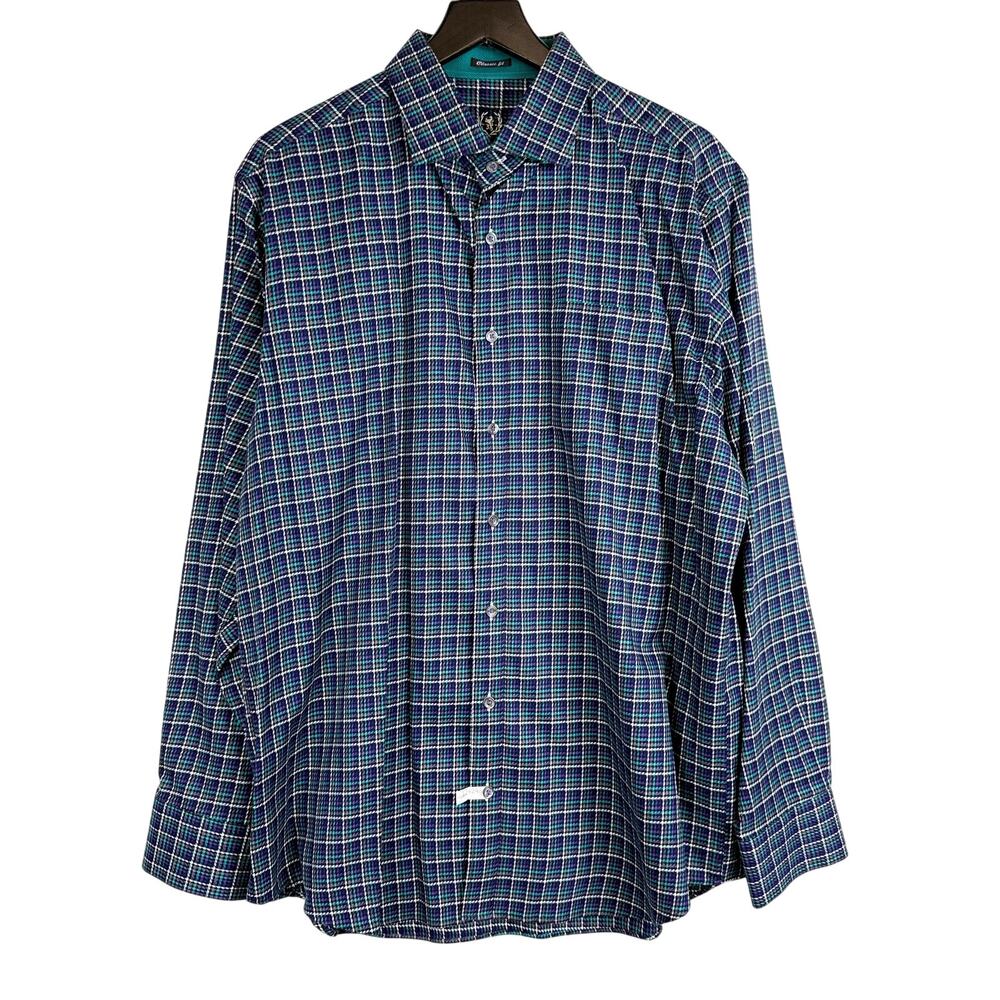 Bugatchi Blue Teal Purple Houndstooth Classic Fit Dress Shirt - 2XL XXL